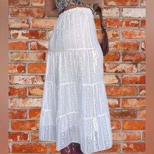 Main Strip White Lace Lined Midi Skirt Elastic Waist Country Rodeo Festival S